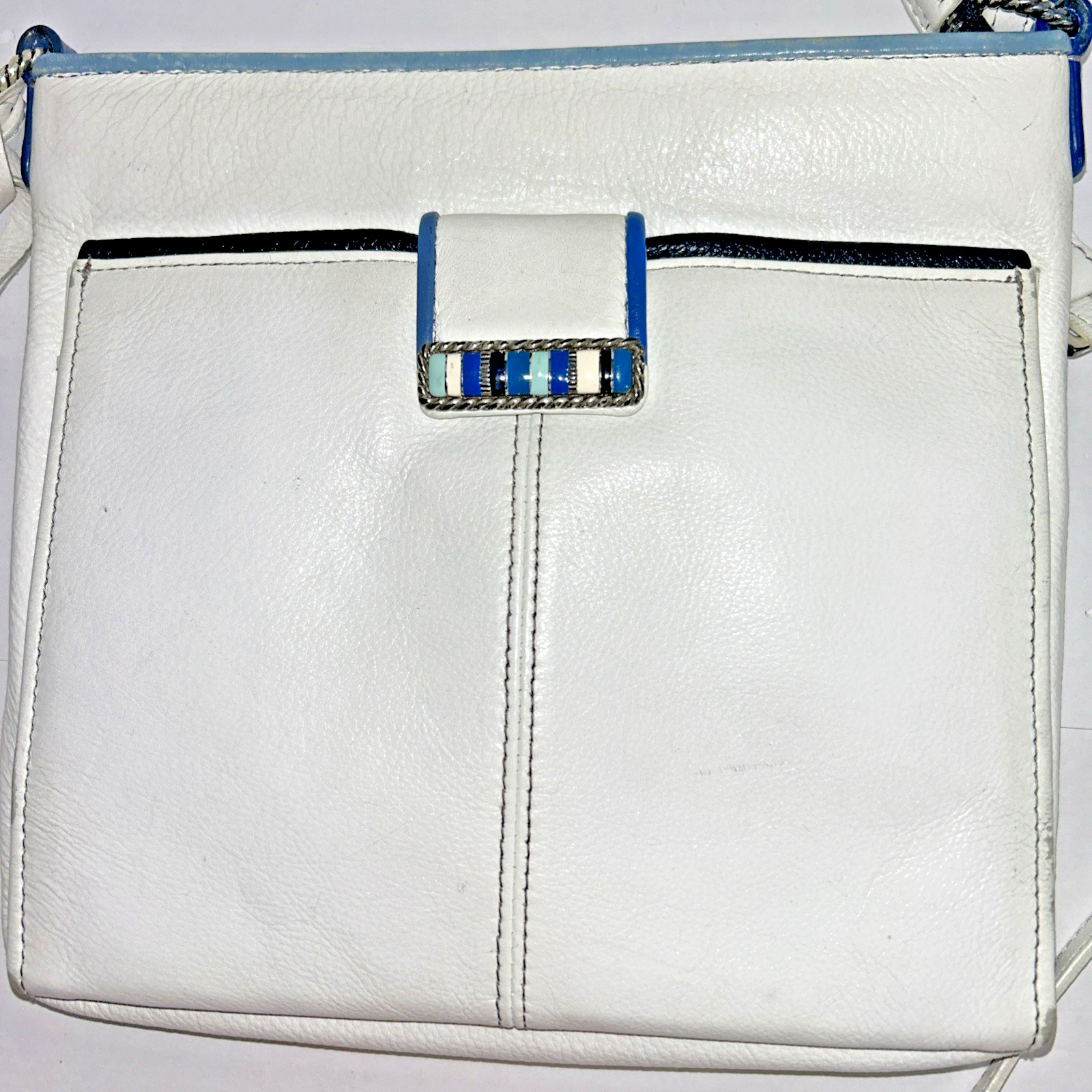 Brighton Cabana Organizer Crossbody Bag in White with Blue Leather with Bag