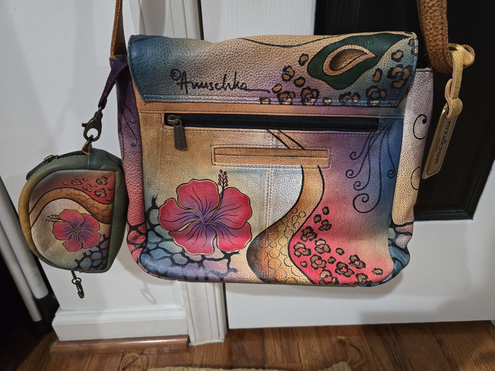 Stunning HandPainted Anuschka Floral Zip & Snap Pocket Shoulder Bag + Coin Bag