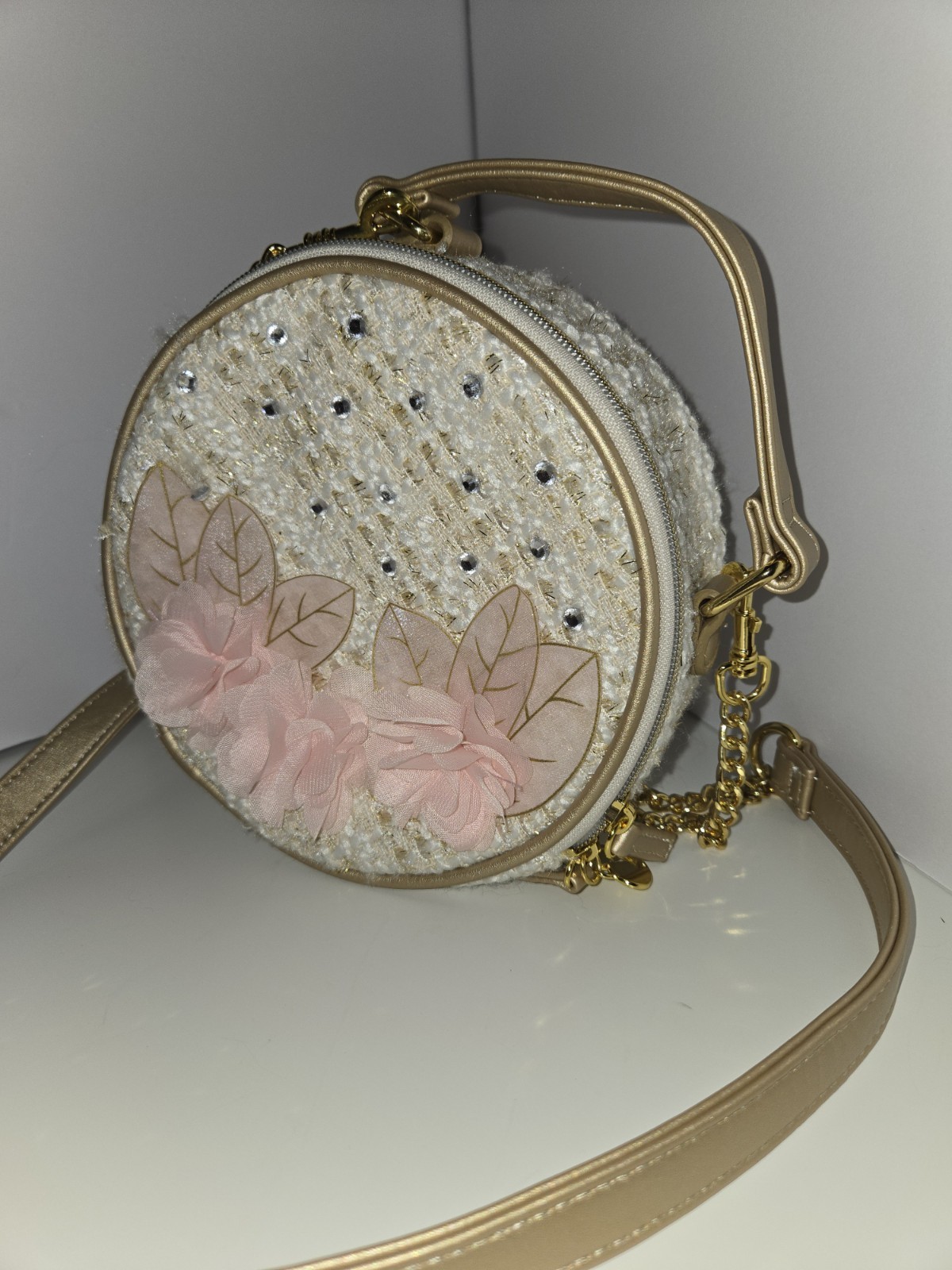 Disney Princess Round Tan White Tweed Crossbody Bag Purse Rhinestones 3D Floral