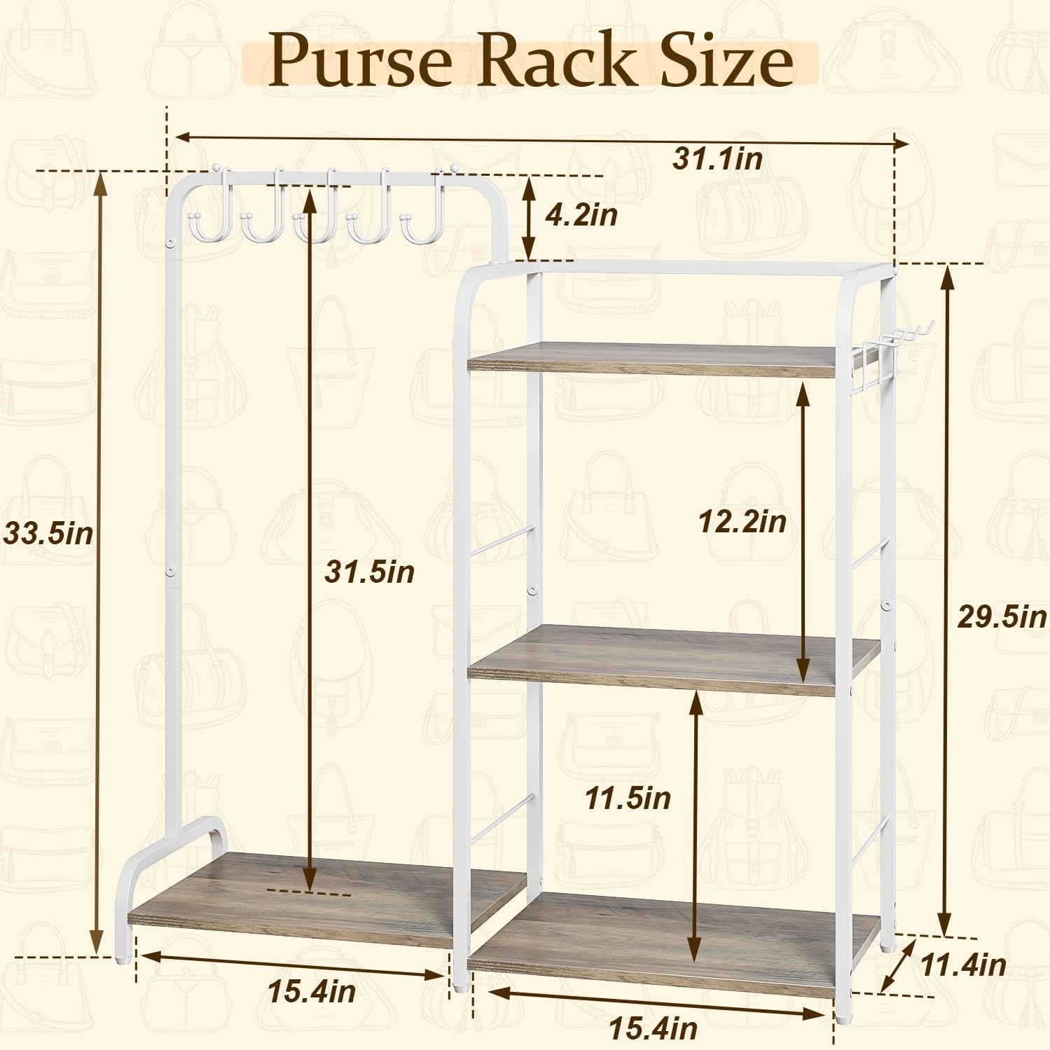 Large Capacity Purse Rack with 2 Purse Hangers and 5 Purse Hooks