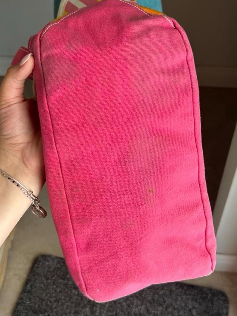 Vintage Bath & Body Works Pink Orange Striped Tote, Snap Closure, Lined, Pockets