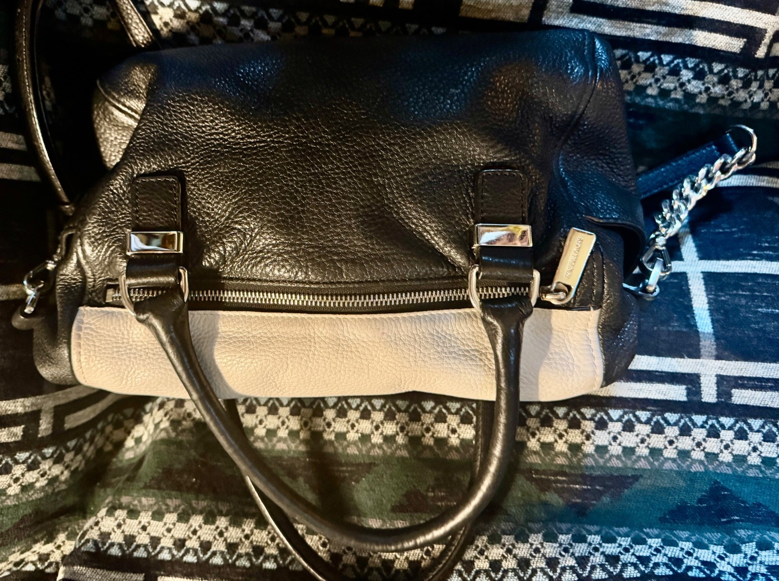 Michael Kors Weston~Black/White Pebbled Leather~Foldover Top Satchel~Chain Strap