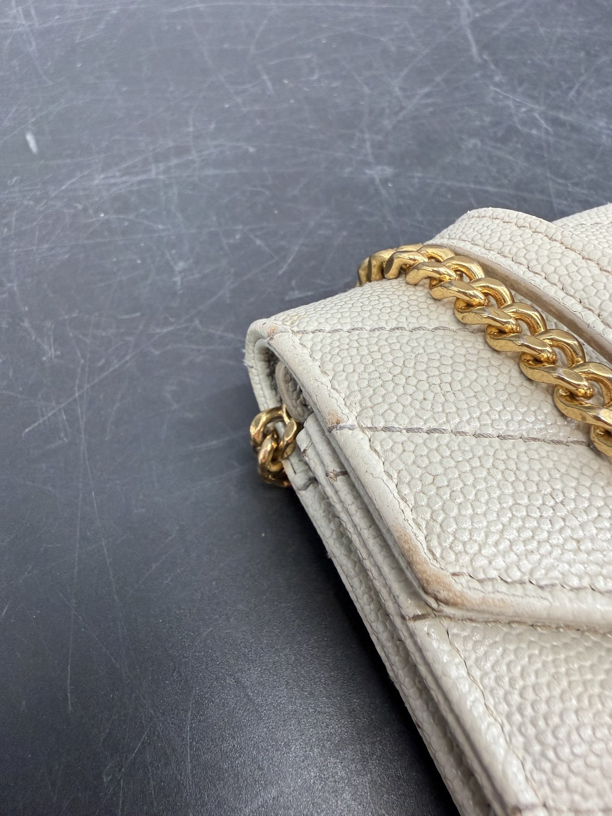 Saint Laurent Cassandre Envelope Crema Leather Chain Wallet