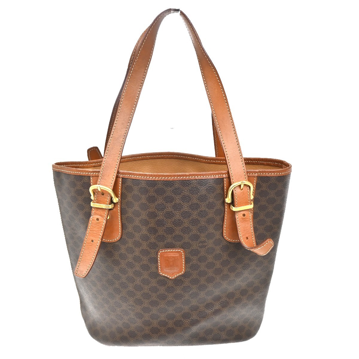 CELINE Logo Macadam Pattern Shoulder Tote Bag PVC Leather Brown GHW 33KC141