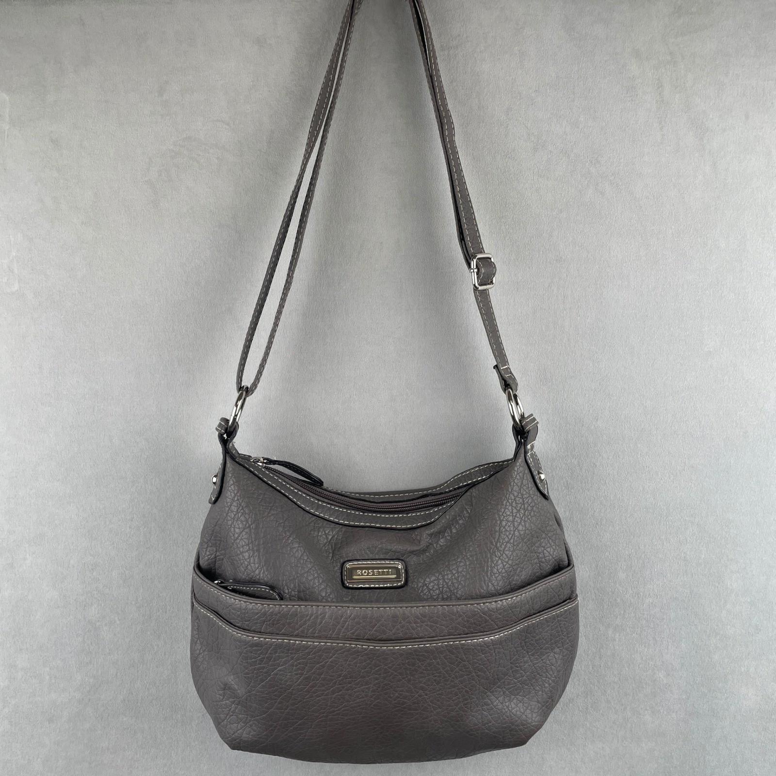 Rosetti Gray Pebbled Faux Leather Crossbody Bag Hobo Purse Contrast Stitch Boho