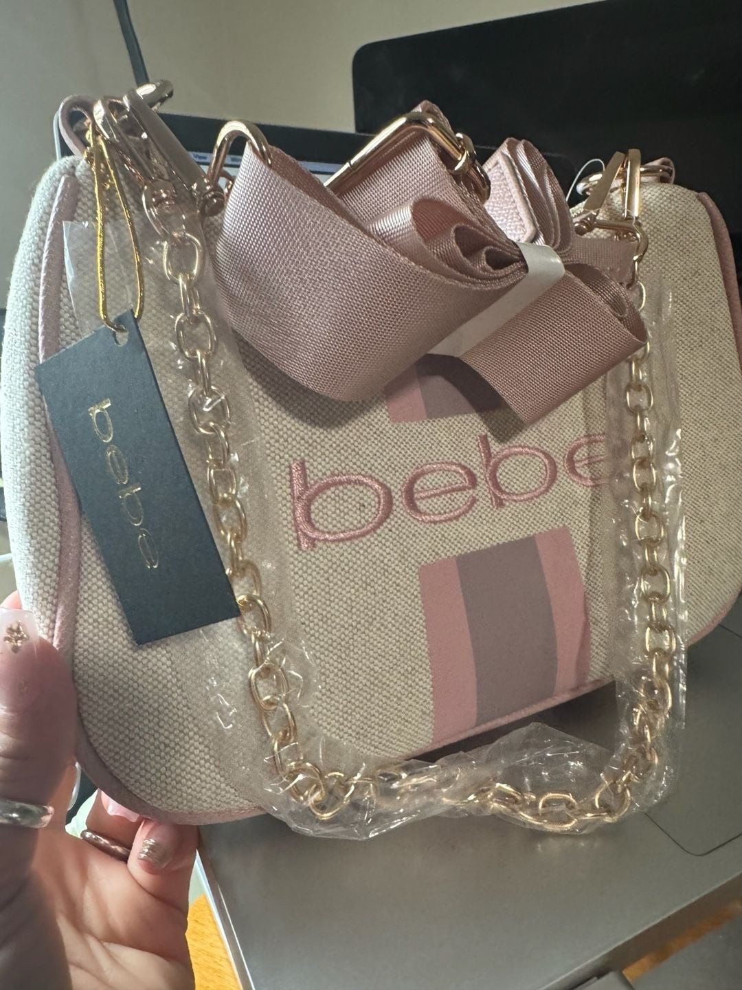 bebe Canvas Shoulder Bag with Chain Strap and Pink Bow Detail