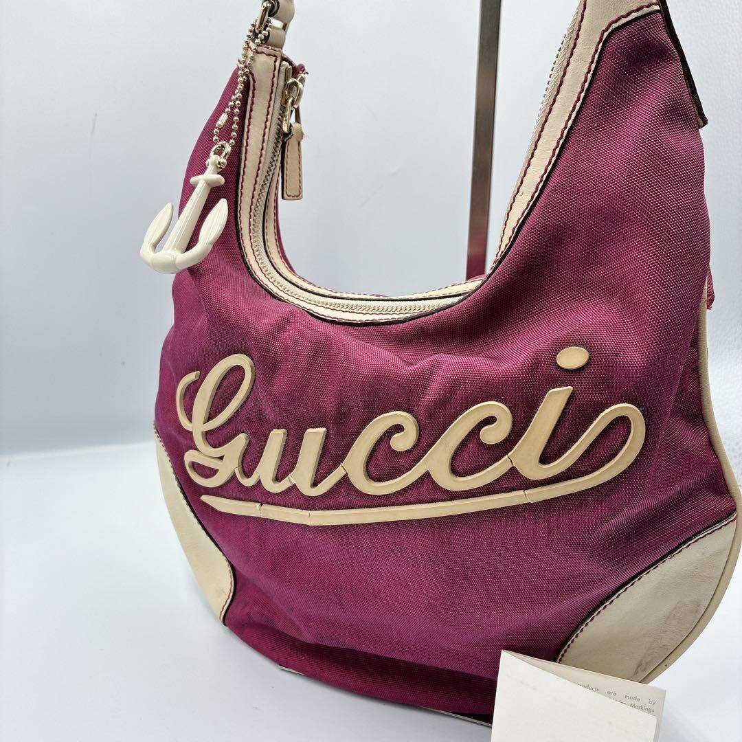 GUCCI One Shoulder Bag Nylon Leather Marine Vintage Authentic From Japan
