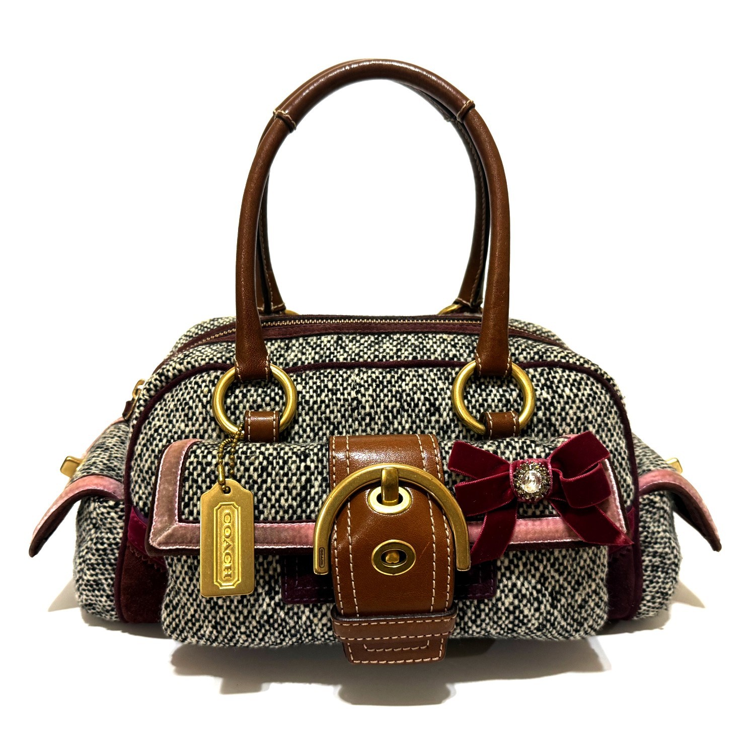 RARE COACH LTD VINTAGE Y2K SOHO TWEED SUEDE SWAROVSKI BOW TOTE BAG SATCHEL 8F03