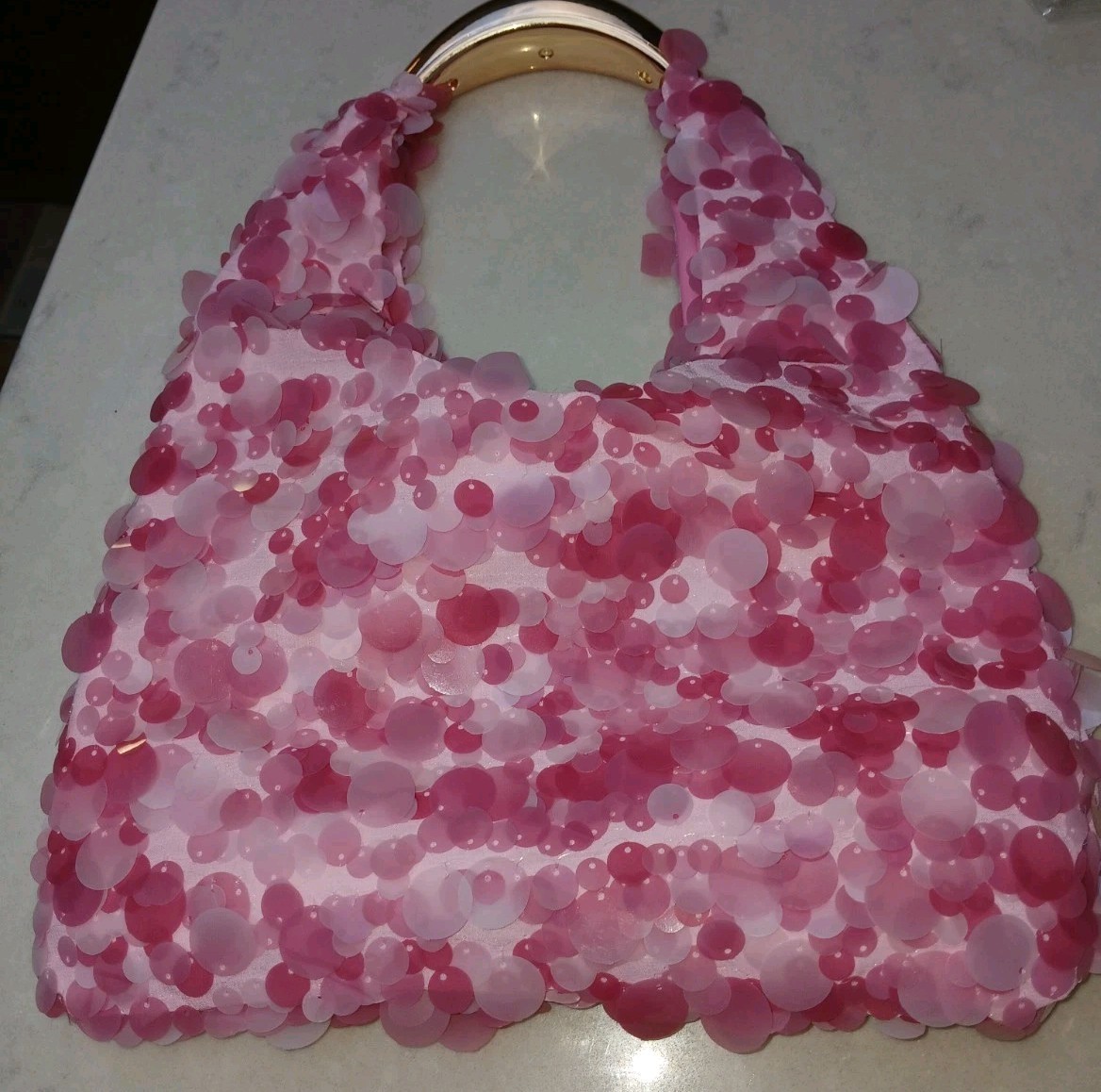 Sparkling Sequin Evening Bag, Pink W/ gold Handle On Top Inside Pocket, New