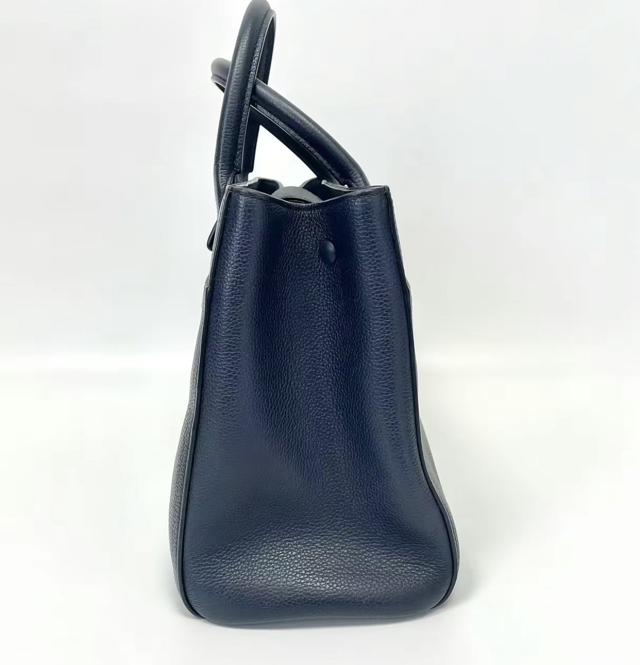 Authentic CHANEL Navy Blue Caviar Leather Top Handle Tote Shoulder Bag Silver CC