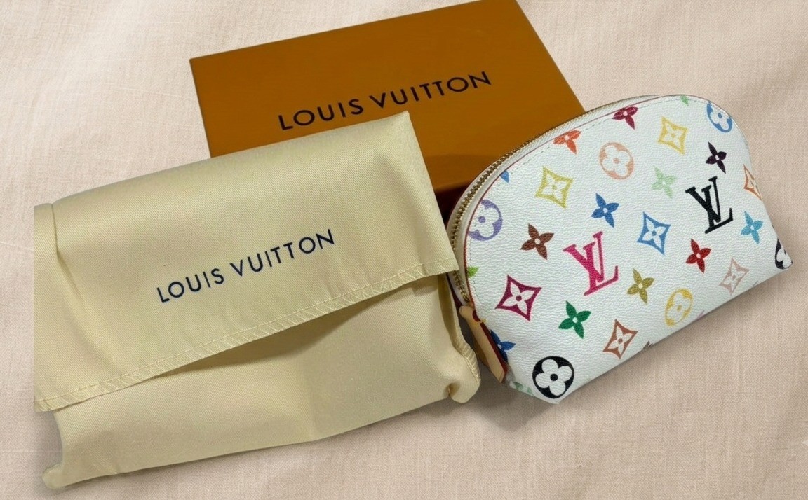 Auth LOUIS VUITTON Multicolor Pochette Cosmetic PM Pouch White ✨