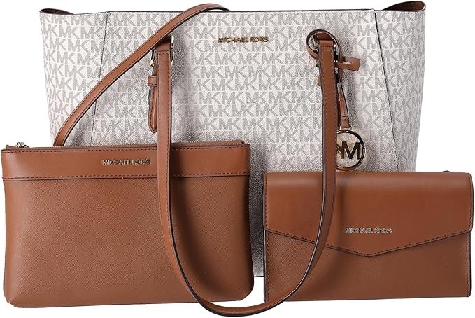 MICHAEL KORS Charlotte 3-In-1 Tote, Crossbody + Clutch in Vanilla/Brown Logo NEW