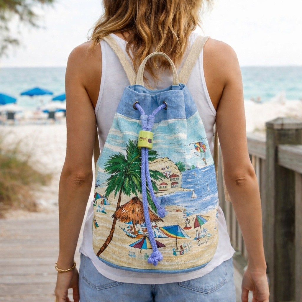 OUNSBY Coastal Beach Scene Canvas Backpack Tropical Drawstring Bag Travel Pool