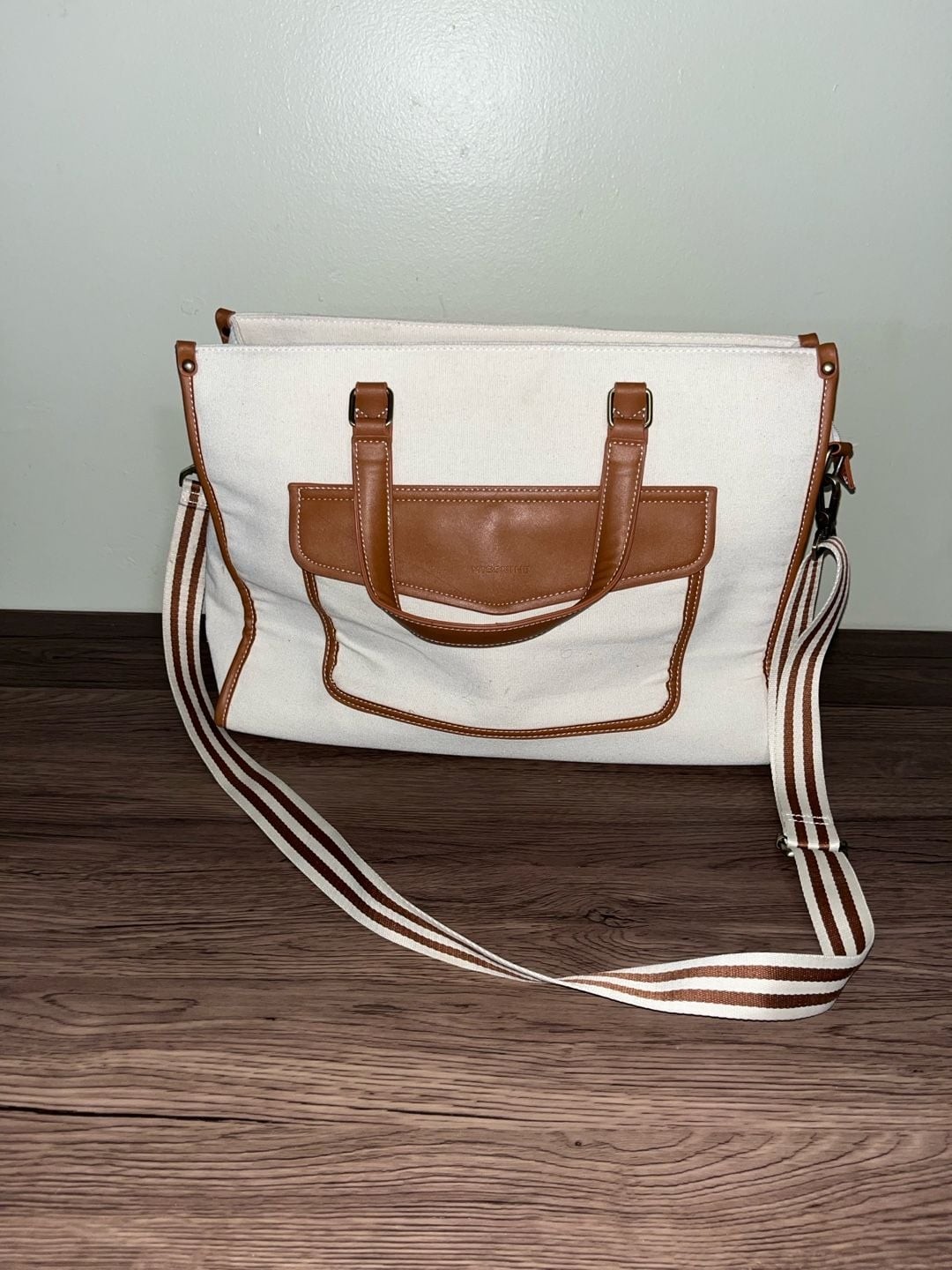Missnine Canvas Laptop Tote Bag 15.6 inch with Brown Vegan Leather Trim