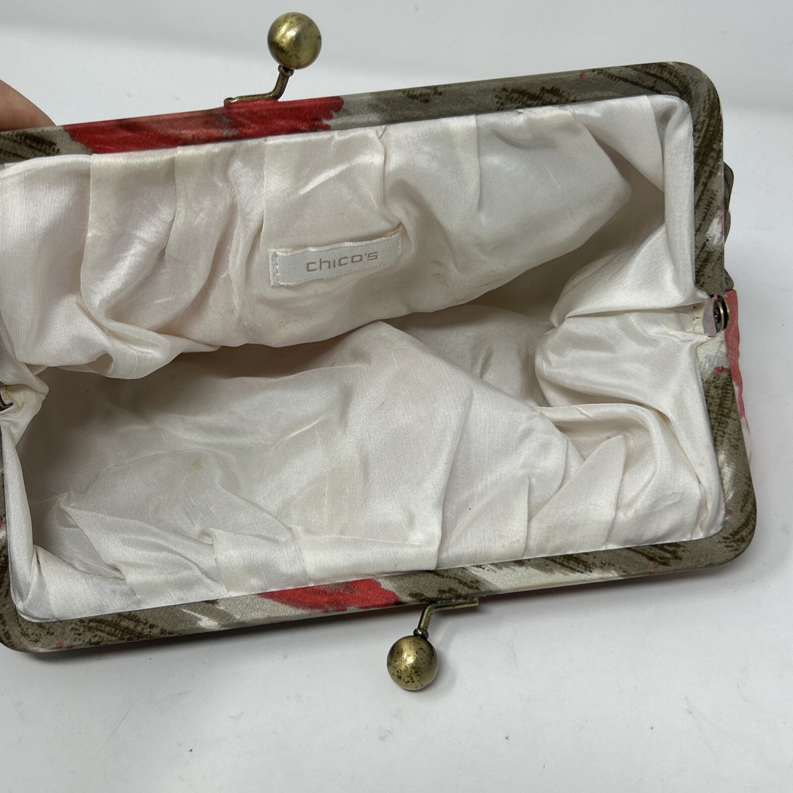Chico’s Small Clutch Purse Pink Brown Orange White Pleated silk 79984