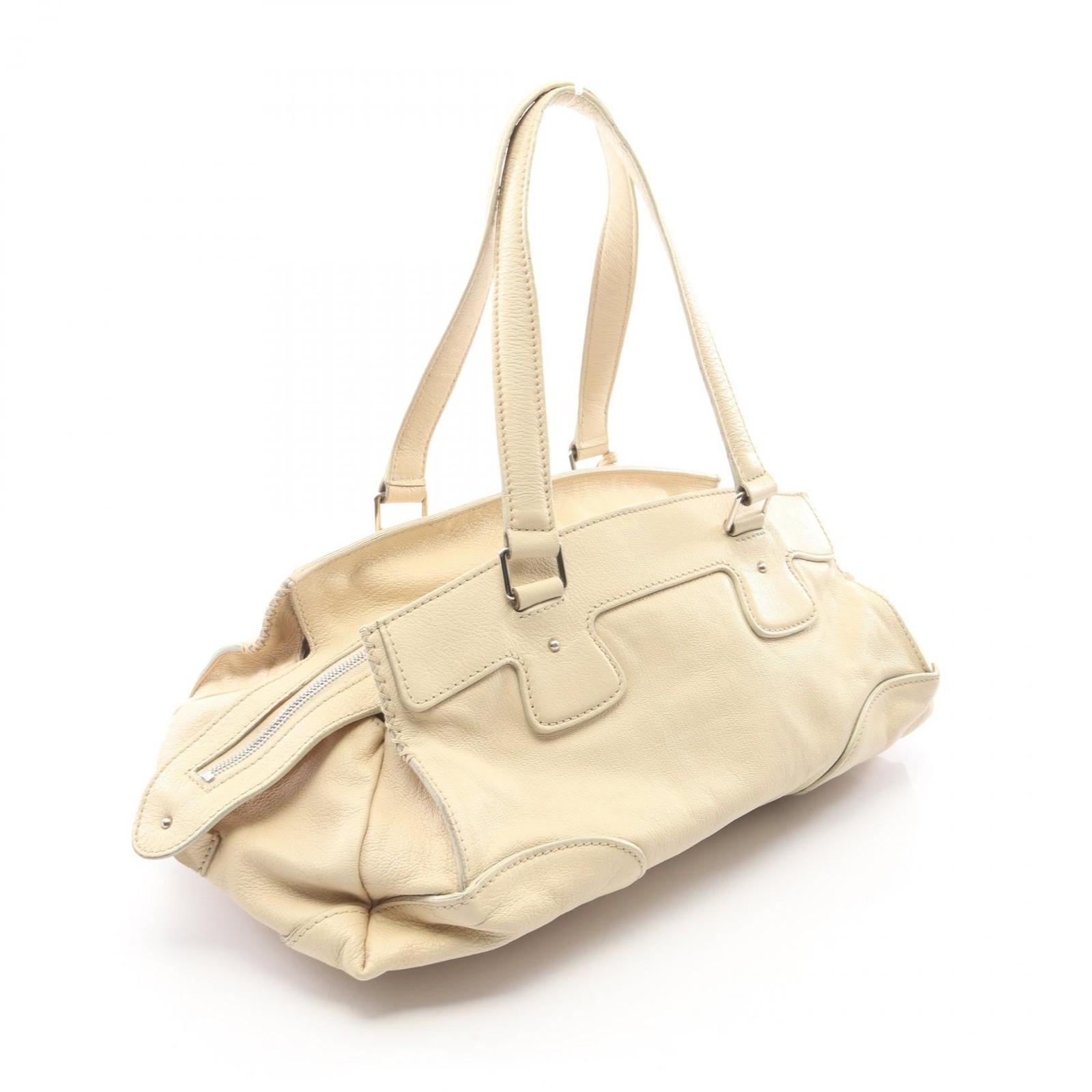 CELINE Logo Shoulder Handbag leather Beige Used Women