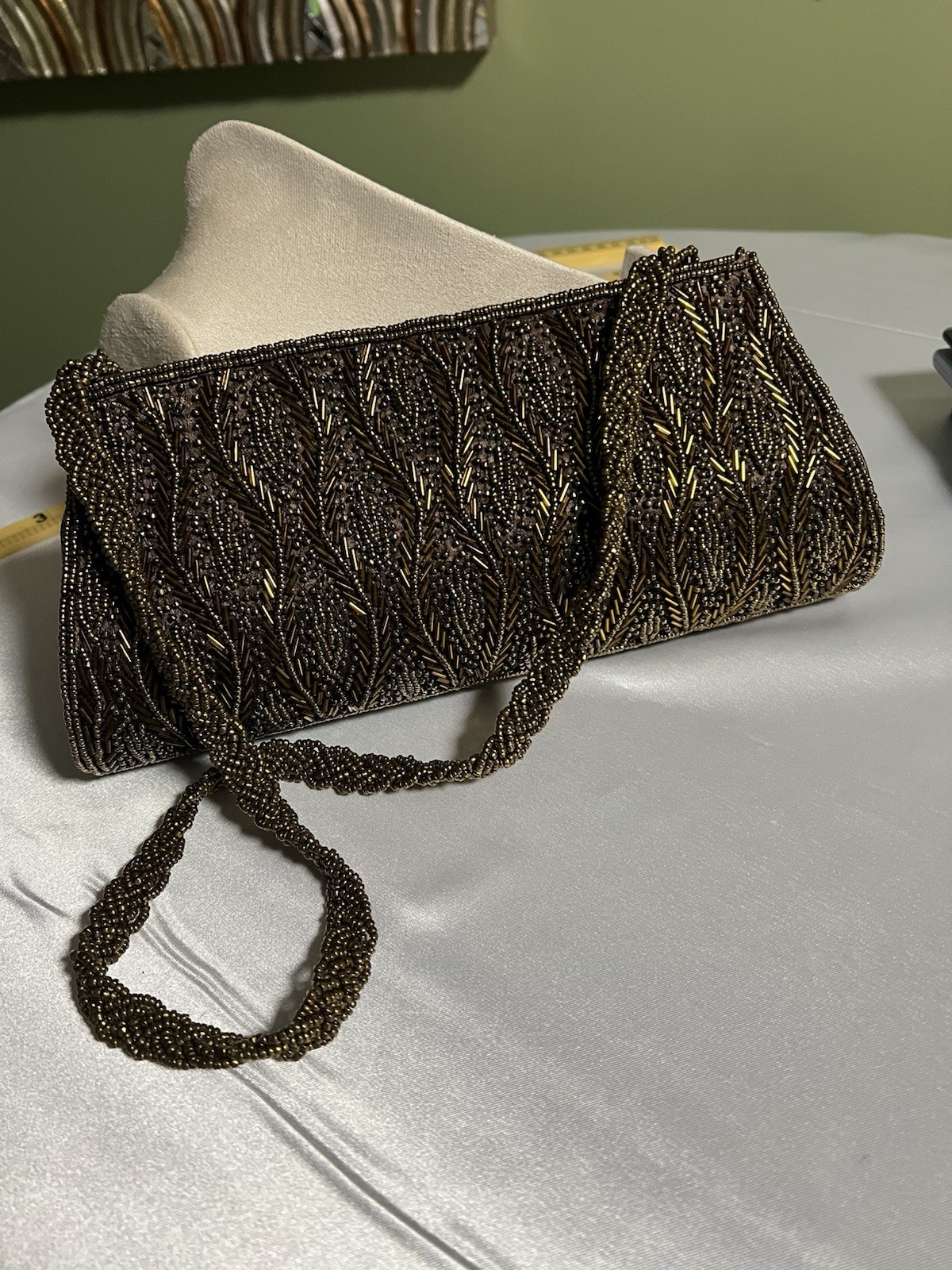 Bronze Beaded Clutch Purse Detachable Shoulder Strap Snap Lined Inner Pockets