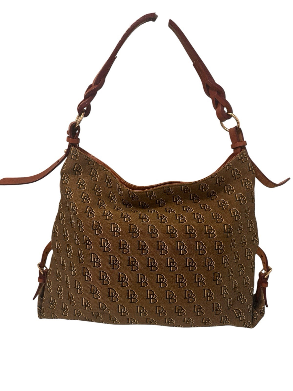 Dooney & Bourke Signature DB Logo Tan Canvas Braided Leather Shoulder Handbag
