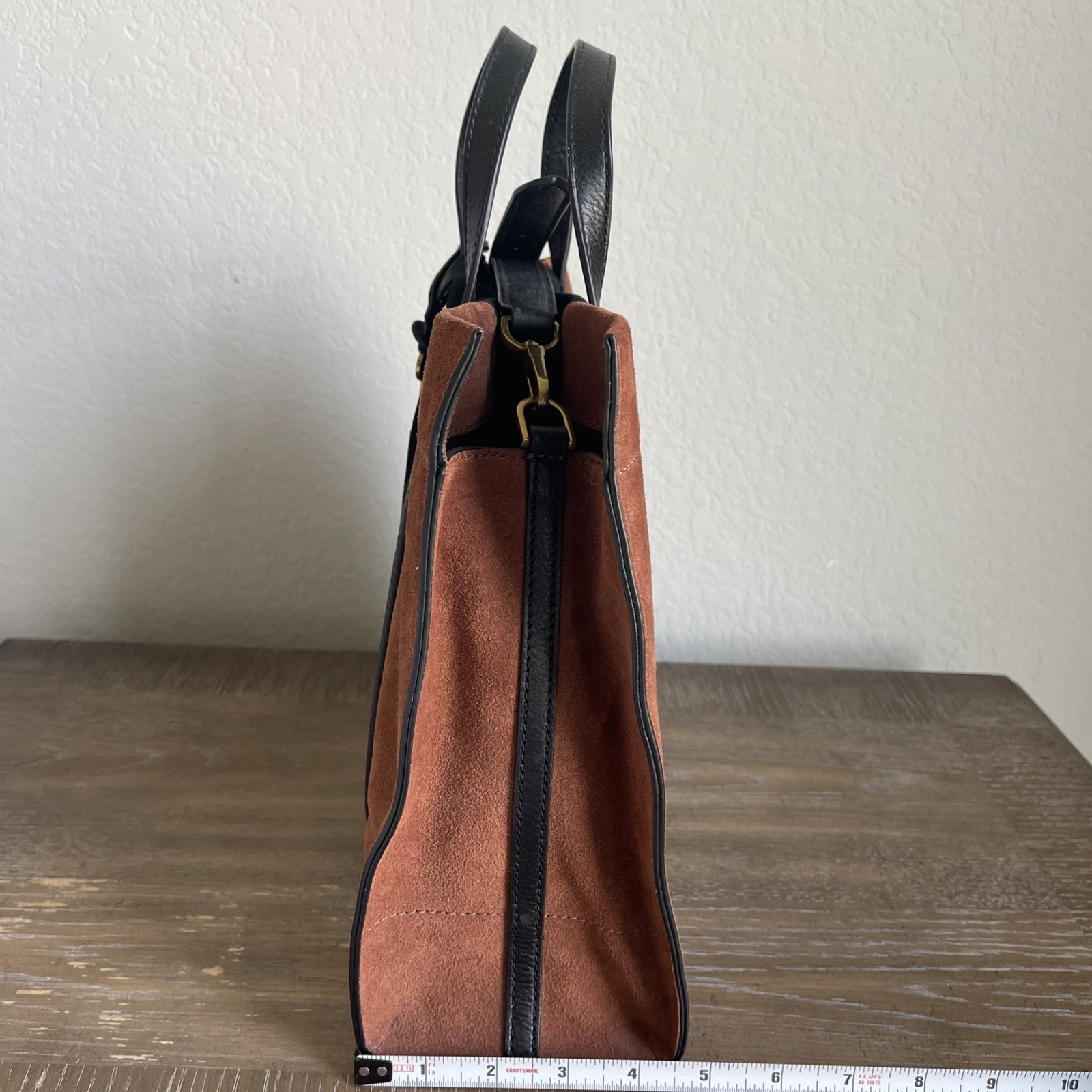 Fossil Carmen Tote Brown/ Black Suede Leather, Crossbody