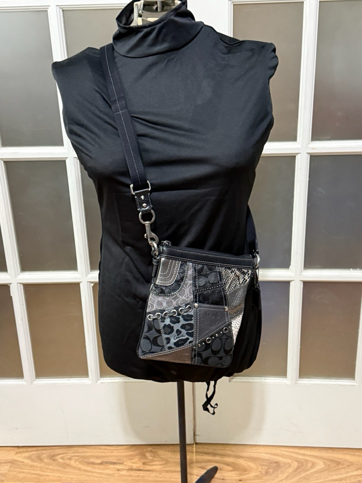 Coach Patchwork Signature Small Crossbody Bag Black/Gray Zip Detachable Strap