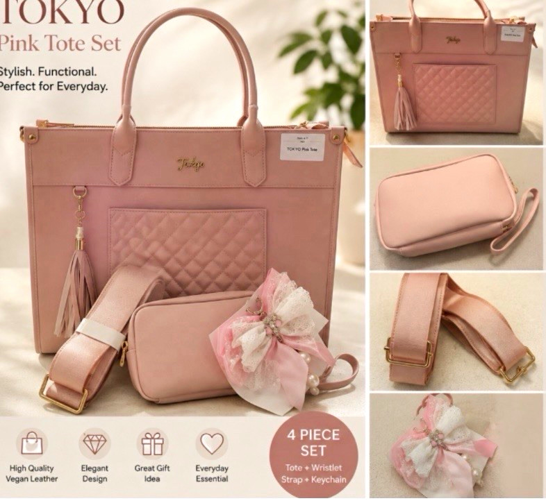Tokyo Pink Quilted Tote Set Wristlet Pouch Strap Bag Charm Gold Hardware