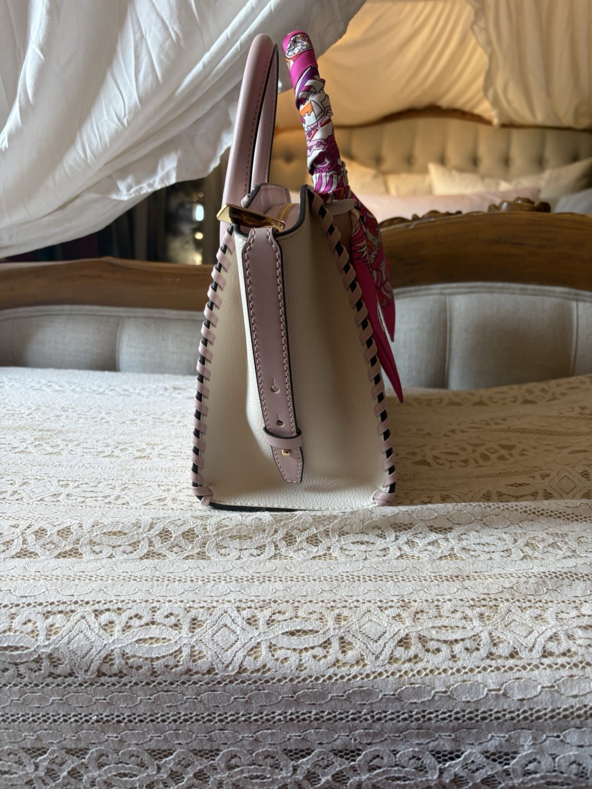 Michael Kors Pink/White Pebbled Medium Top Handle Satchel Zip Gold Hardware Logo