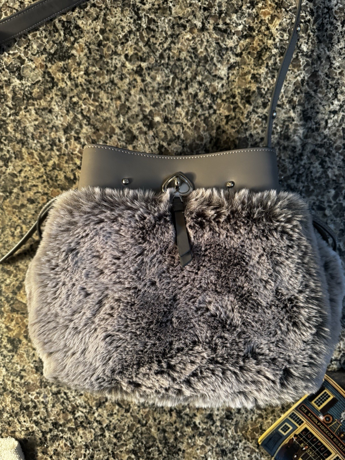 KATE SPADE Purse Bucket Bag FAUX FUR MARTI DRAWSTRING CROSSBODY Gray Y2K Cozy