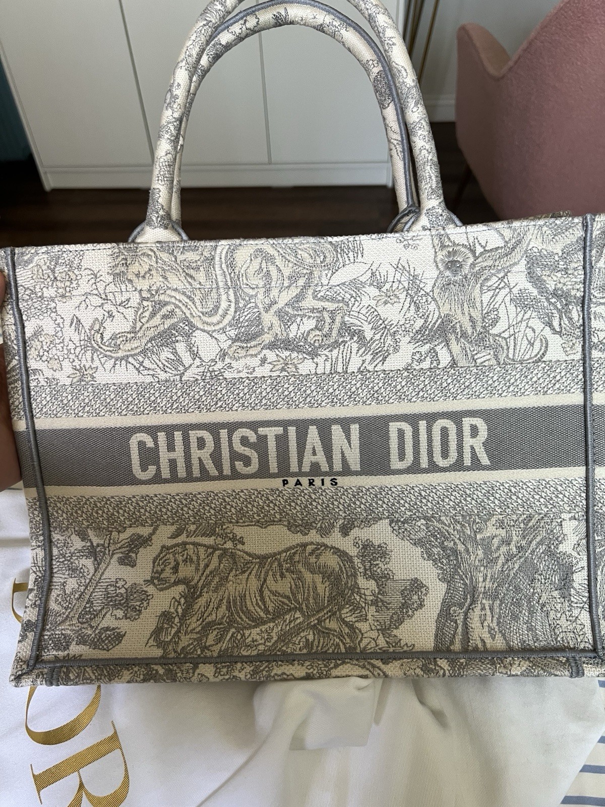 Dior Gray Ivory Toile de Jouy Tote Bag Top Handle Logo Open w/ Box Dust Bag