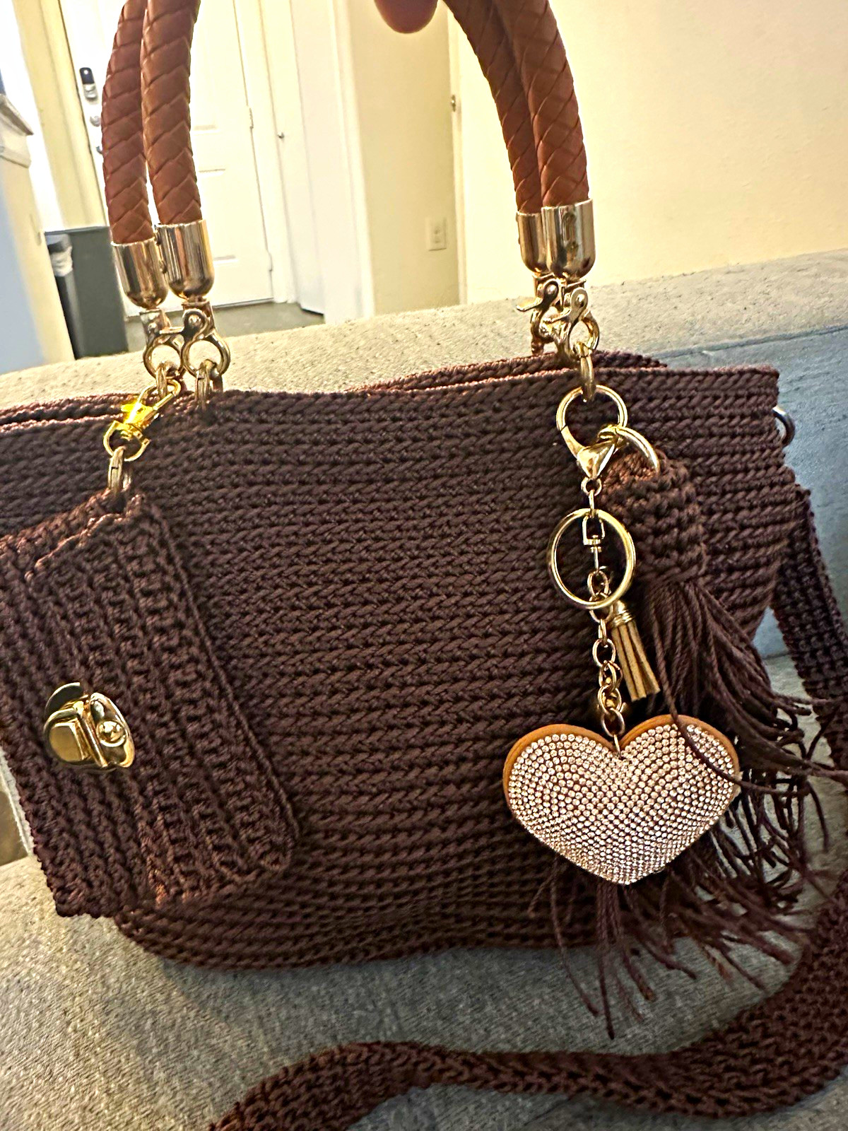 Brown Crochet Top Handle Bag, Detachable Strap, Tassel, Coin Purse