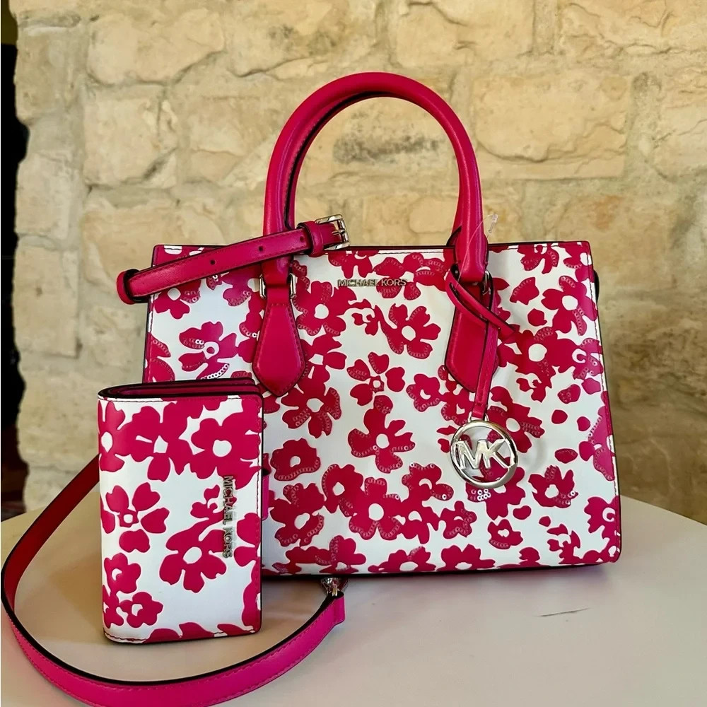 Michael Kors Sheila Medium Floral Satchel + Bifold Wallet Set Dragonfruit NWT
