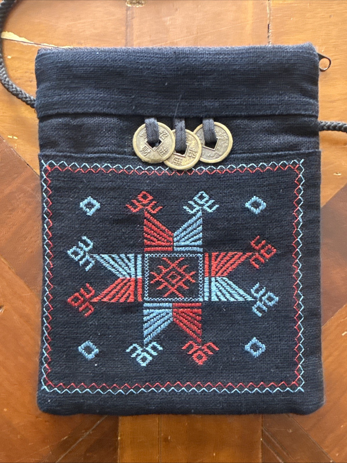 Embroidered Geometric Shoulder Bag Coin Accents Zip Closure Black Red Blue
