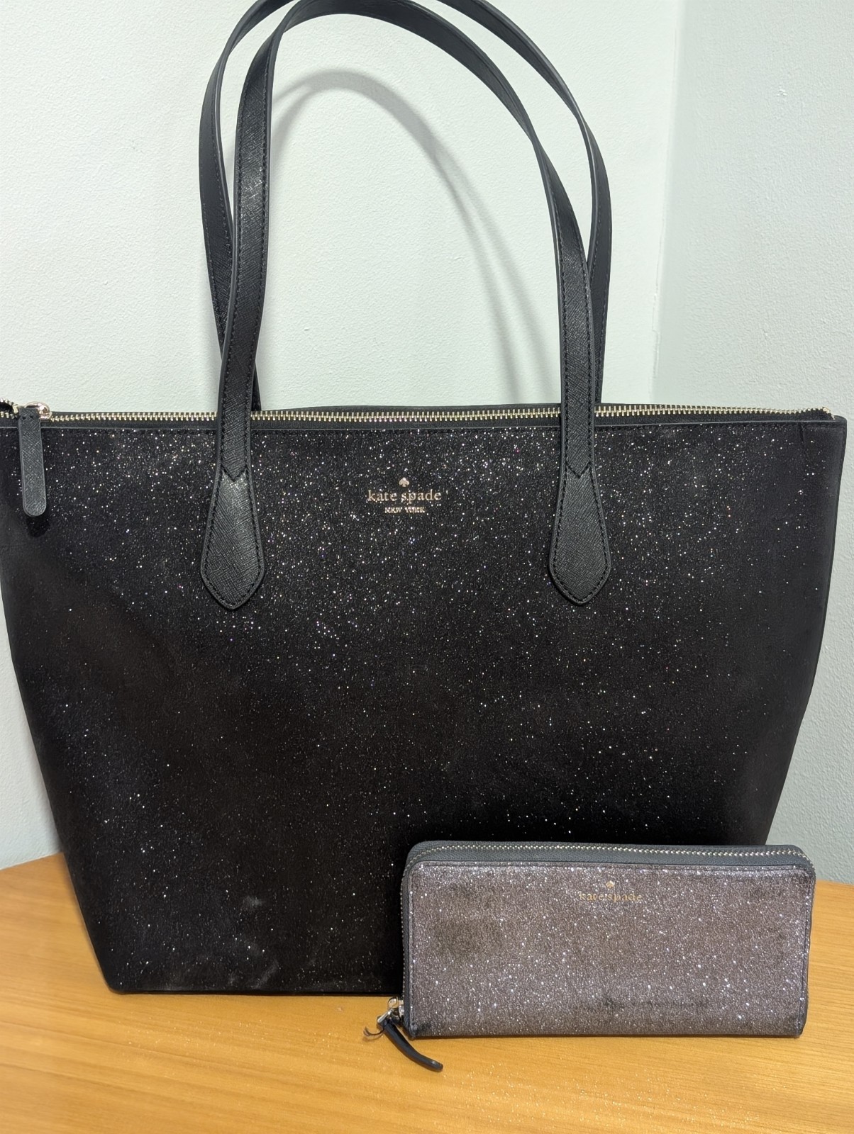 Kate Spade | Joeley | Sparkling Black Tote Bag | Pre-owned | + Blue Gray Wallet