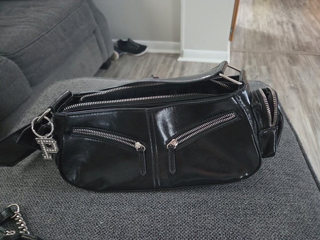 Paris Hilton Black Patent Leather Bag with Silver Zippers