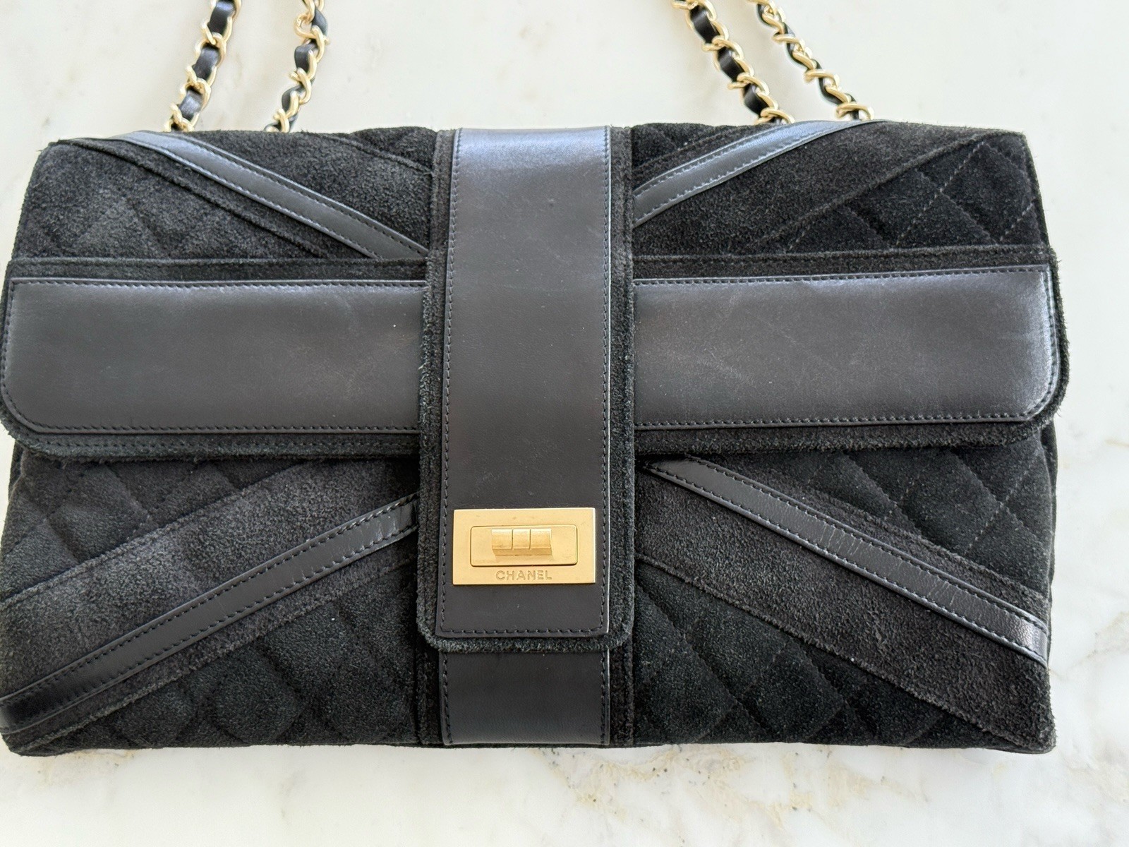 CHANEL Black Suede Reissue 2.55 Union Jack British Gold Chain Flap Bag RARE