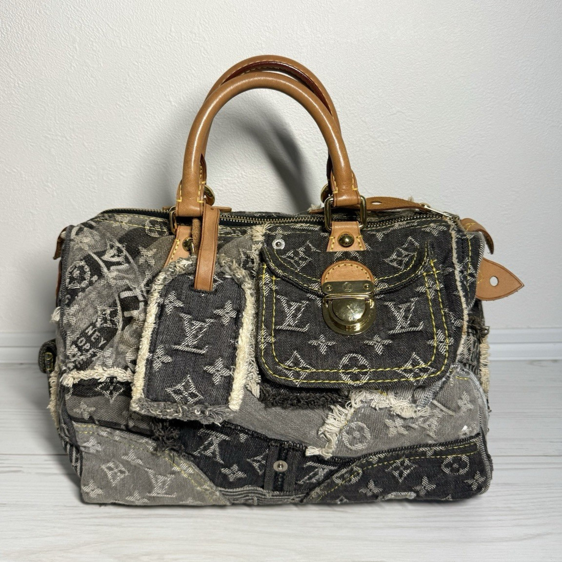 Louis Vuitton Patchwork Monogram Satchel Medium Gray Black Zip Double Handles