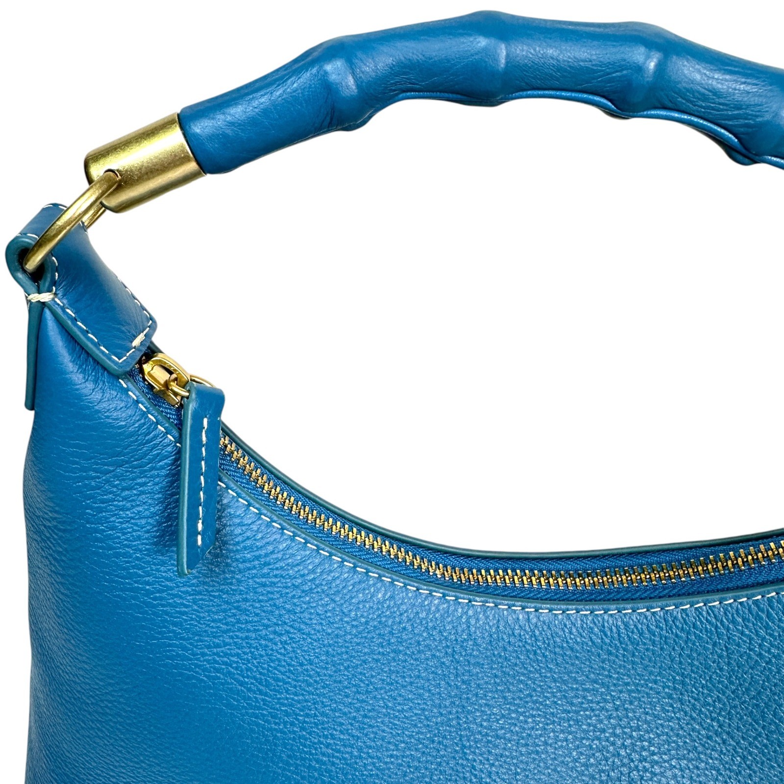 J McLaughlin Shoulder Bag Folly Pebbled Leather Bamboo Handle Blue Small Hobo