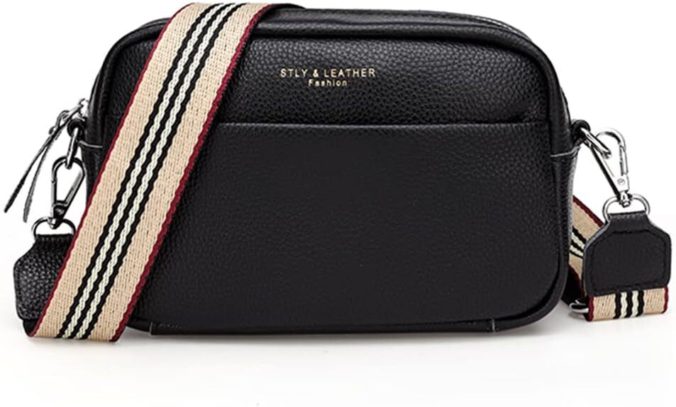 Crossbody Bag for Women Genuine Leather Wide Strap Shoulder A01-black
