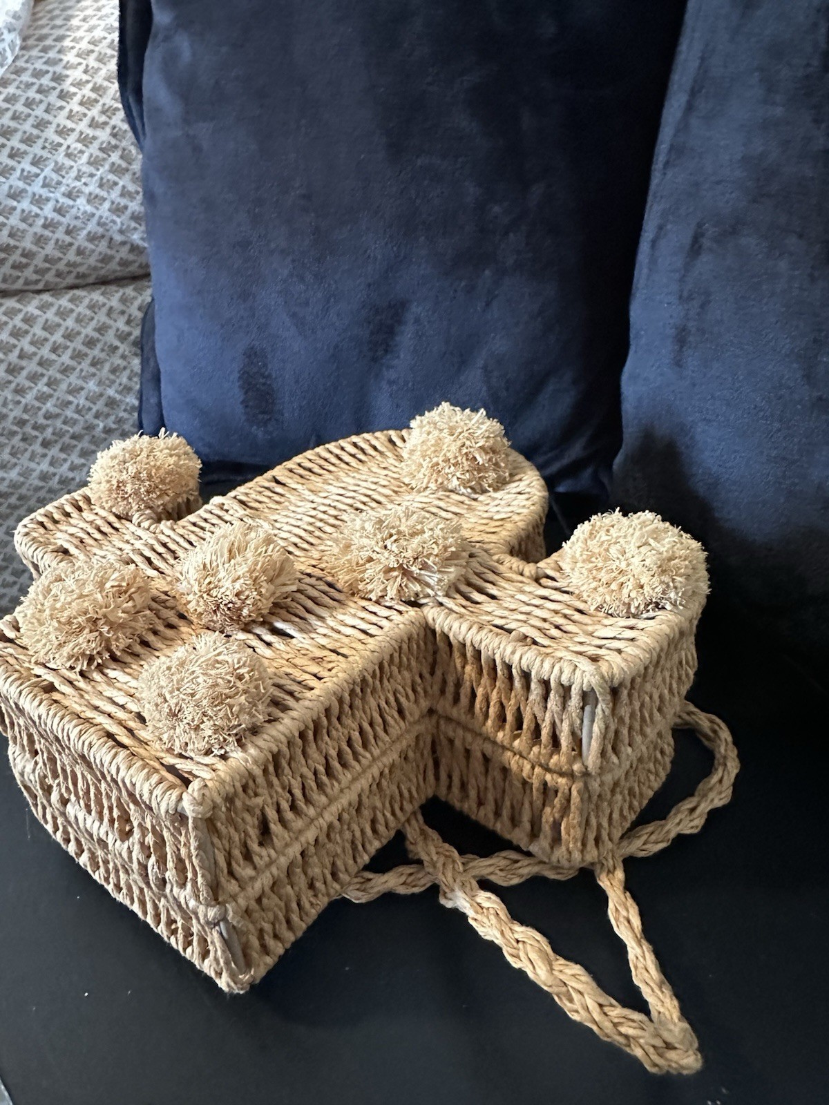 Cactus Woven Straw Raffia Crossbody Bag Beige Pom Pom