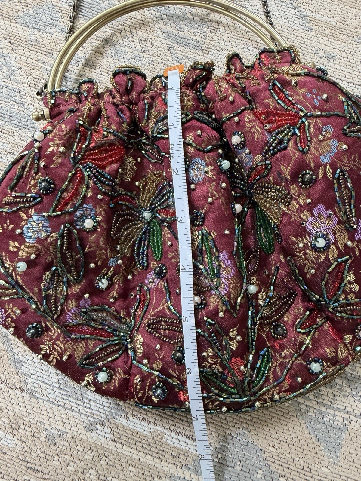 Vintage Burgundy Floral Beaded Clasp Lock Clutch Purse w/ Bronze Chain Strap