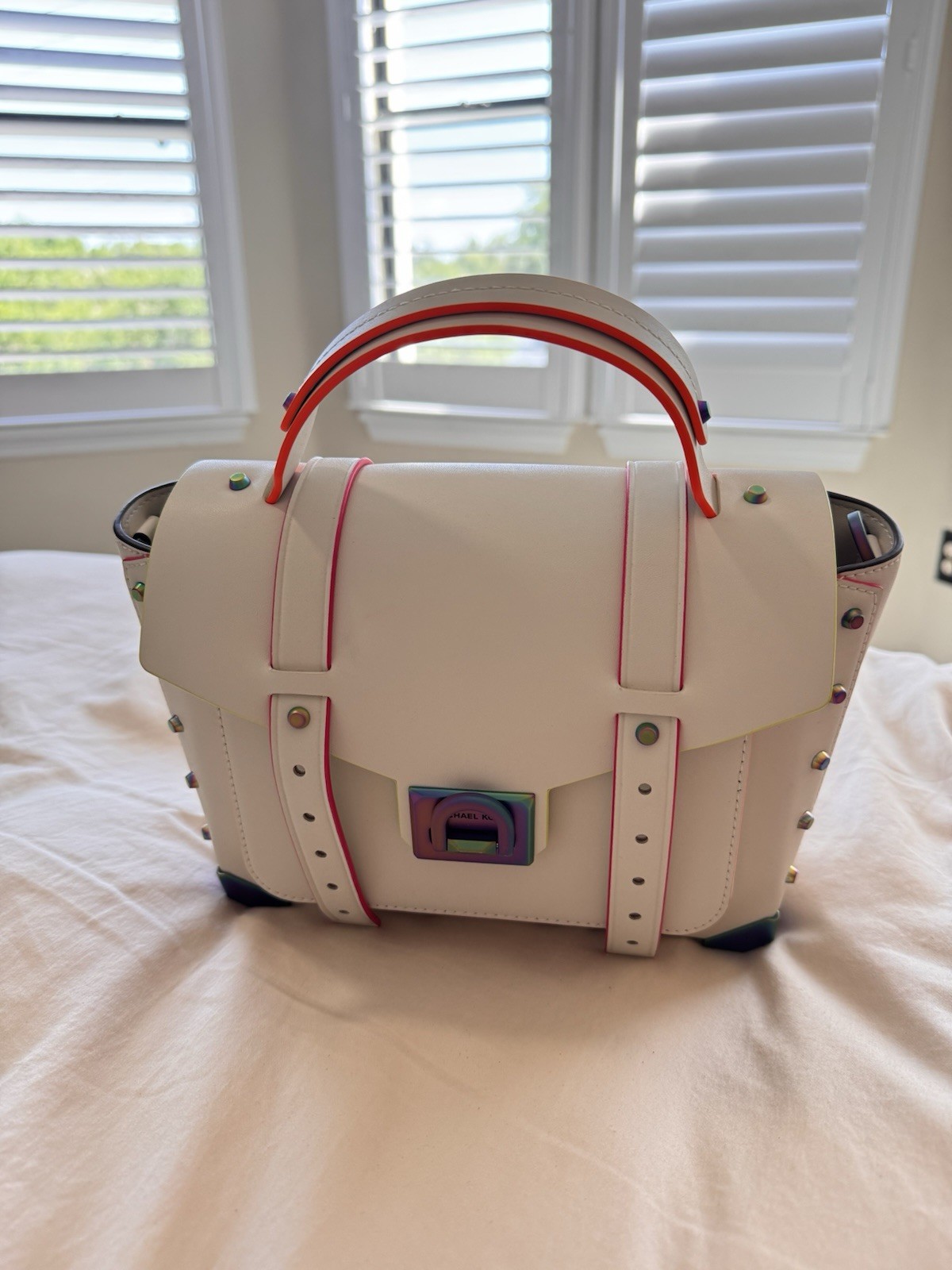 Michael Kors Manhattan Satchel Optic White Rainbow Stud Leather Bag