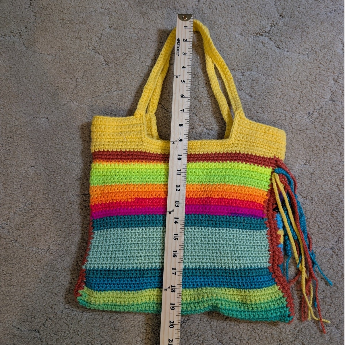 Handmade Crochet Knit Shoulder Tote Lined Bag Yellow Green Acrylic Cotton Blend