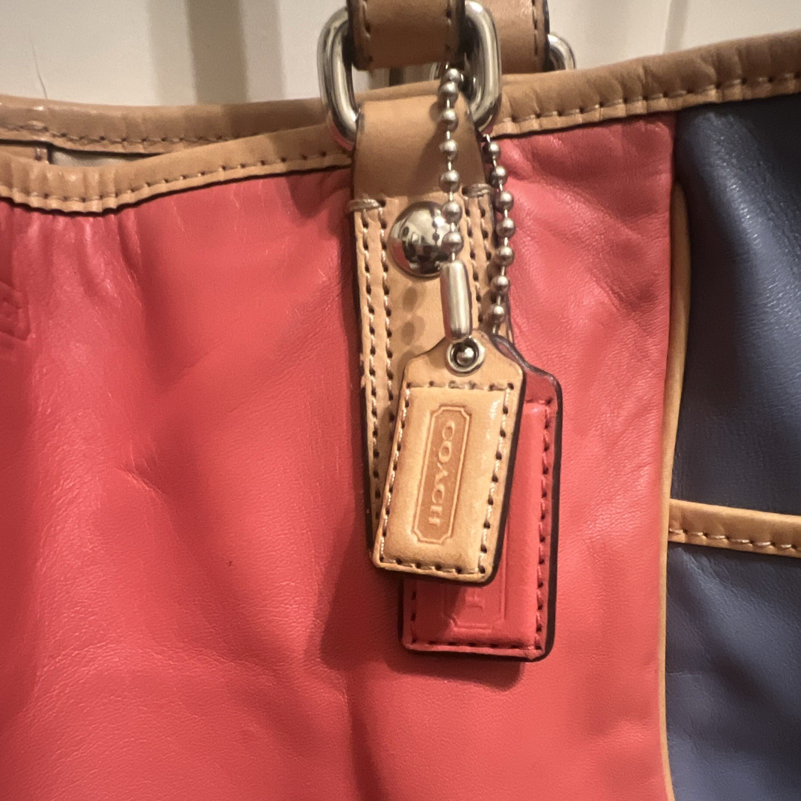 Coach Park F23683 Colorblock Leather Tote Red Periwinkle Blue Tan Large