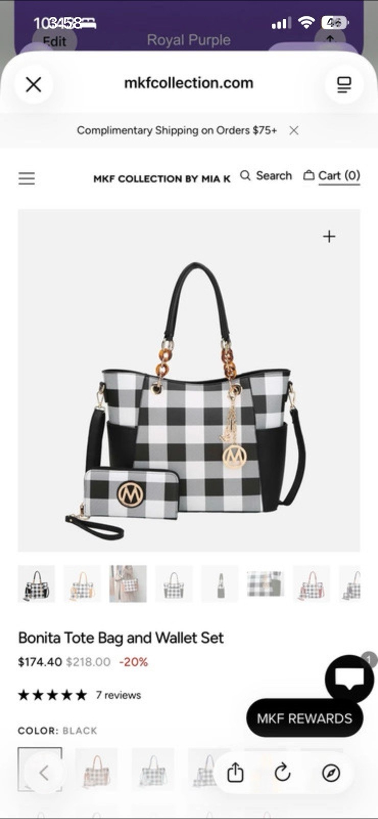MKF Collection Checkered Tote w/ Wristlet Wallet Set Zip Gold Hardware Lined