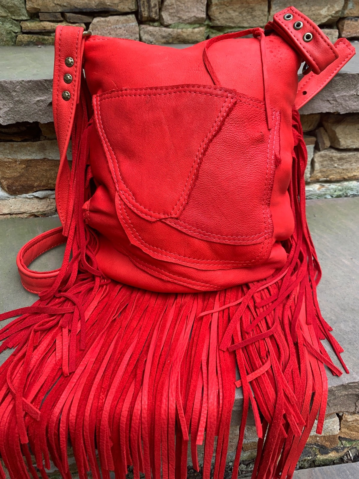 Soft RED Deerskin, beads, BOHO long fringe crossbody bag USA!