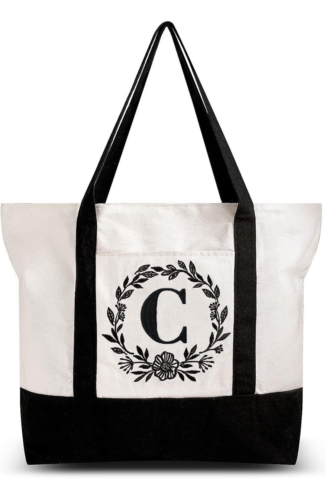 BeeGreen Initial Canvas Tote Bag w Zipper Closure Graphic Bags (Letter C)