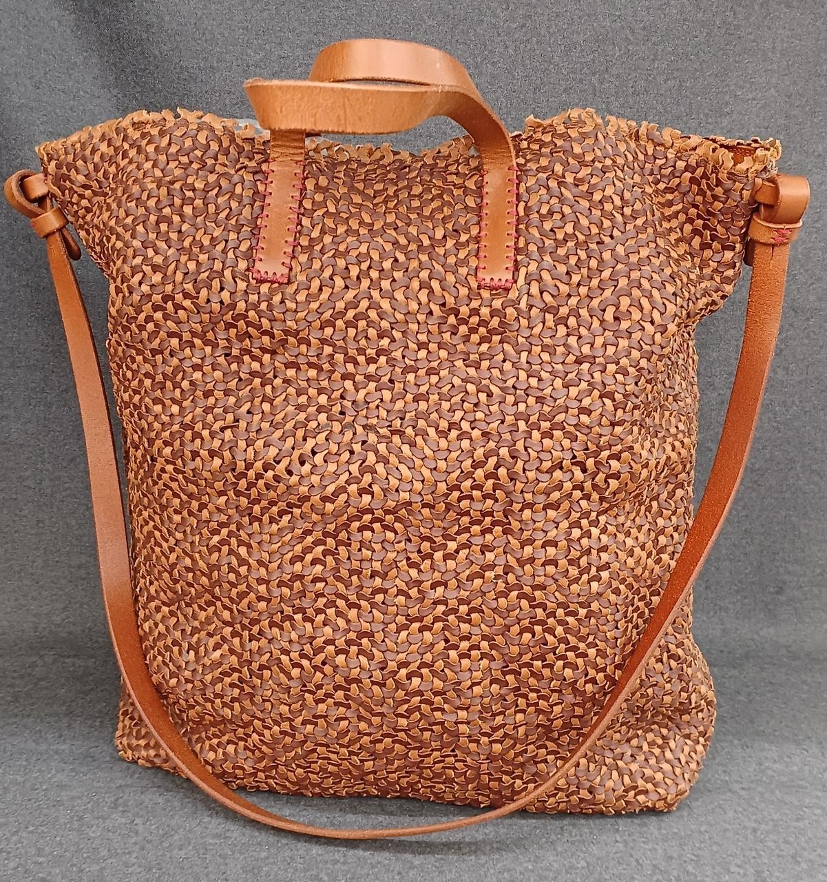 Henry Cuir Woven Leather 2Way Tote Shoulder Bag Brown w/ Dust Bag Made in Italy