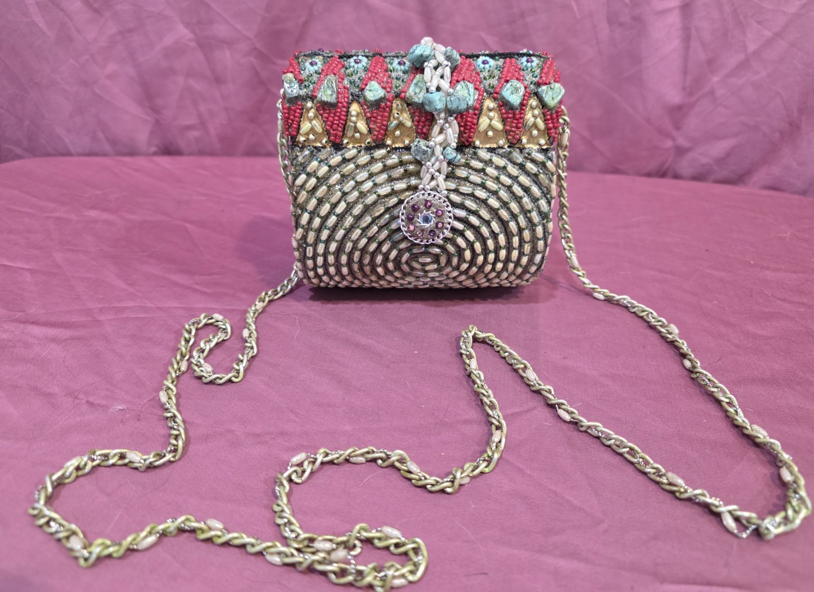 Mary Frances Designer TURQUOISE crossbody Handbag Beaded Blue, Pearl Red Bag