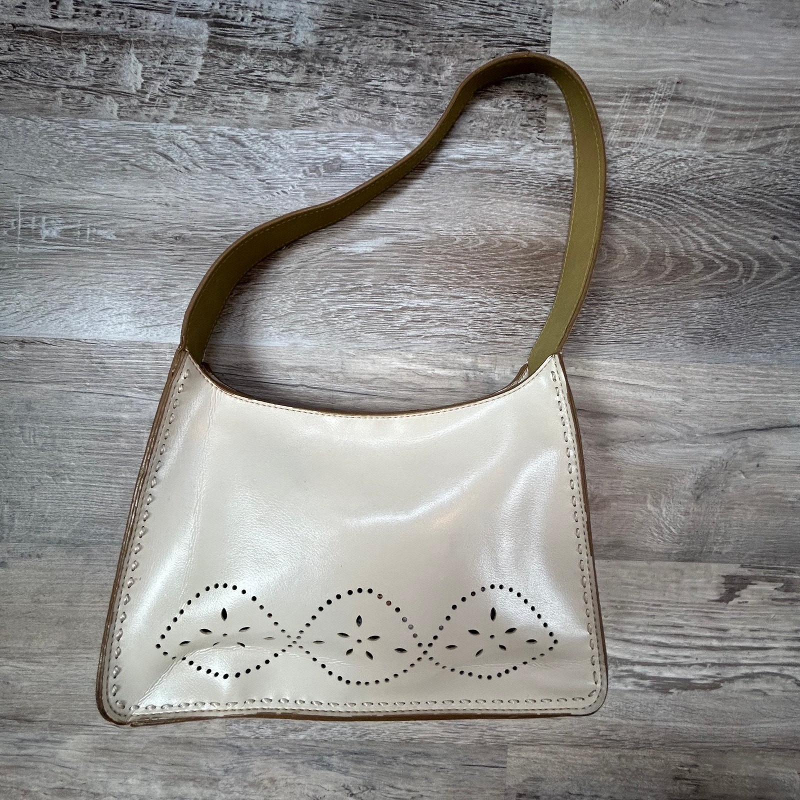 Momdani Beige Faux Leather Shoulder Bag Cutout Floral Y2K Minimalist