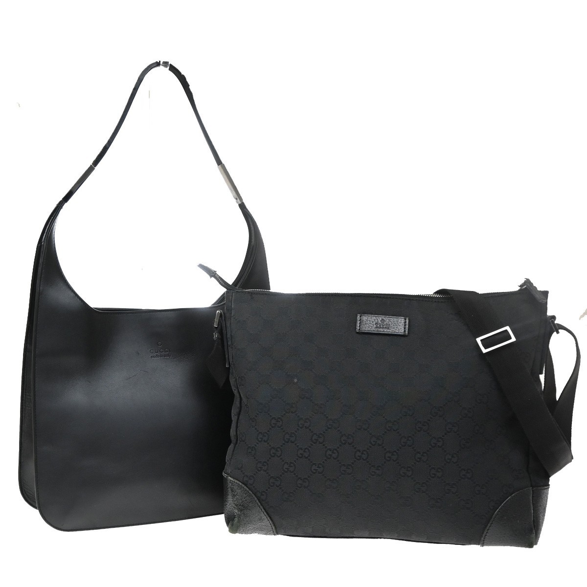 GUCCI Logo GG Pattern 2 Lot Shoulder Bag Canvas Leather Black SHW 67KD325