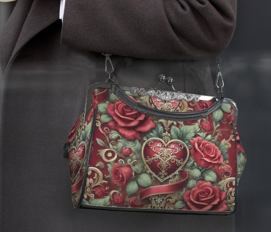 Victorian Heart Valentine’s Day Red Rose Shoulder Cross Body Hand Bag Satchel